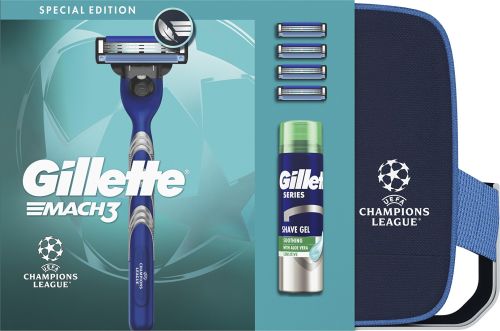 Gillette Mach3 d�rkov� ta�ka strojek+4 hlavice+gel na holen� 200 ml Champion League